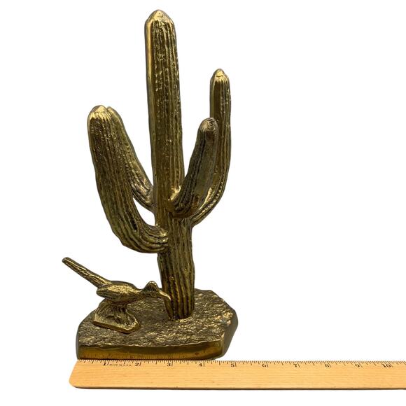 Vintage Brass Saguaro Cactus Roadrunner Statue Southwestern Decor 60s MCM - Picture 7 of 7